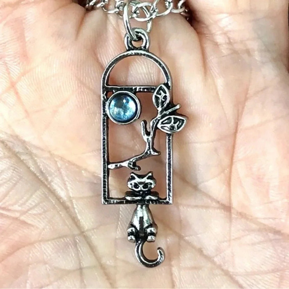 Hanging Kitty Cat Moon Branch Stainless Steel Silver Rustic Necklace New - Picture 1 of 4